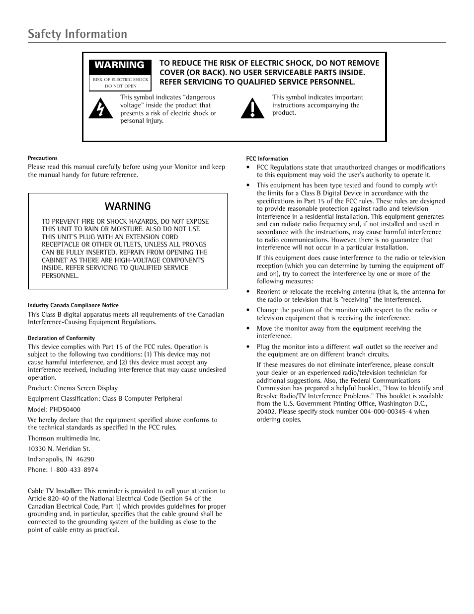 Safety information, Warning | RCA Scenium PHD50400 User Manual | Page 2 / 48