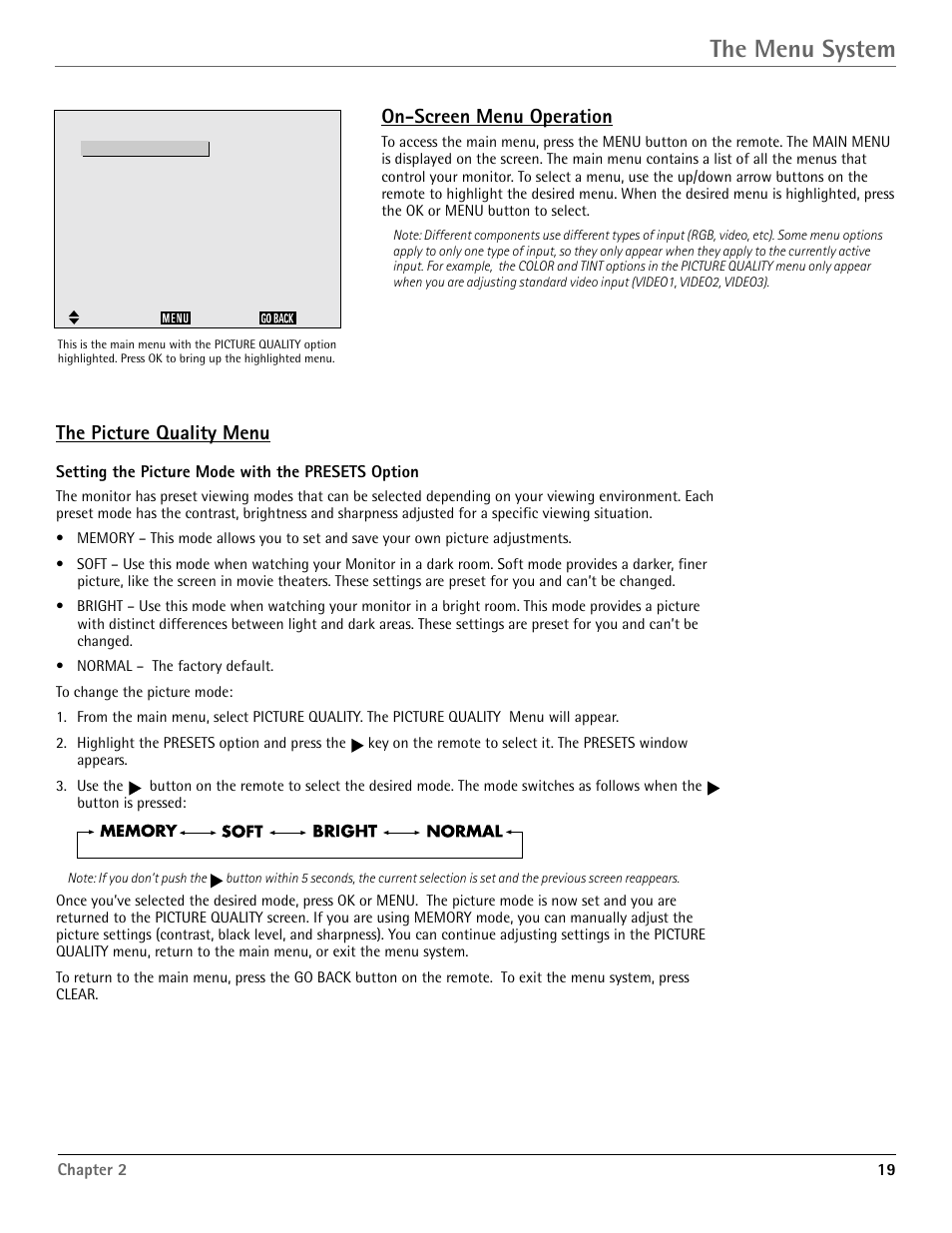 The menu system, On-screen menu operation, The picture quality menu | RCA Scenium PHD50400 User Manual | Page 20 / 48
