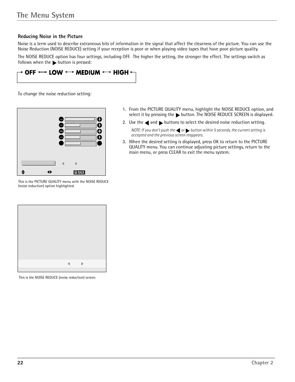 The menu system, 22 chapter 2, Reducing noise in the picture | RCA Scenium PHD50400 User Manual | Page 23 / 48