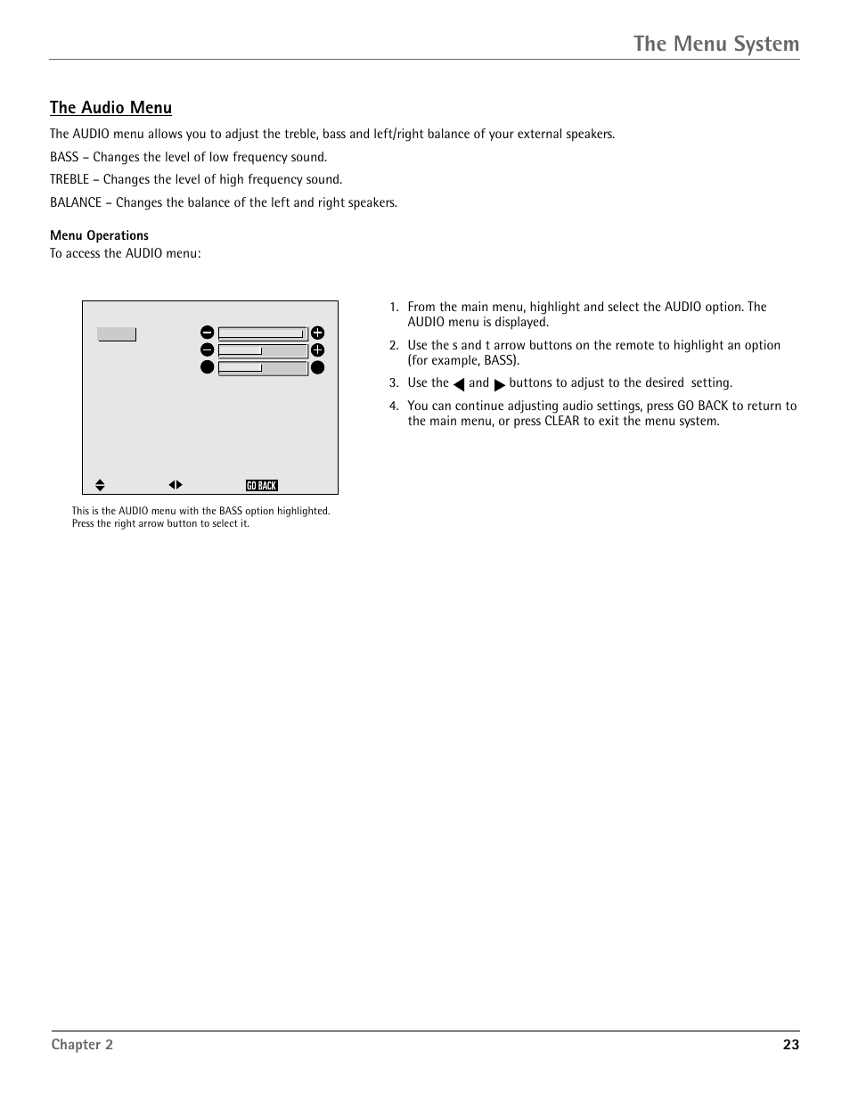 The menu system, The audio menu | RCA Scenium PHD50400 User Manual | Page 24 / 48