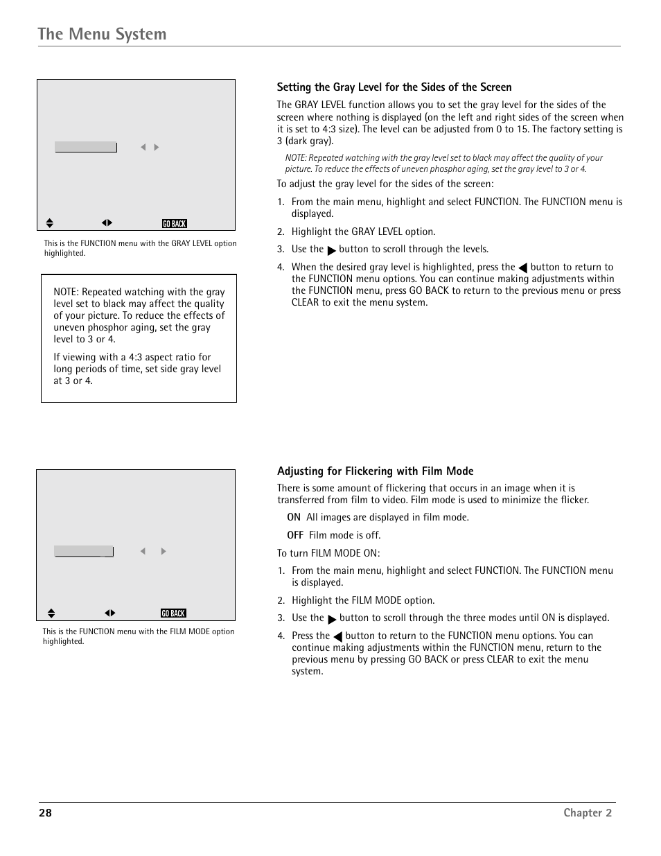 The menu system, Adjusting for flickering with film mode | RCA Scenium PHD50400 User Manual | Page 29 / 48