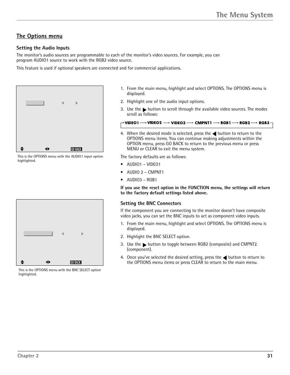 The menu system, The options menu, Chapter 2 31 | Setting the audio inputs, Setting the bnc connectors | RCA Scenium PHD50400 User Manual | Page 32 / 48