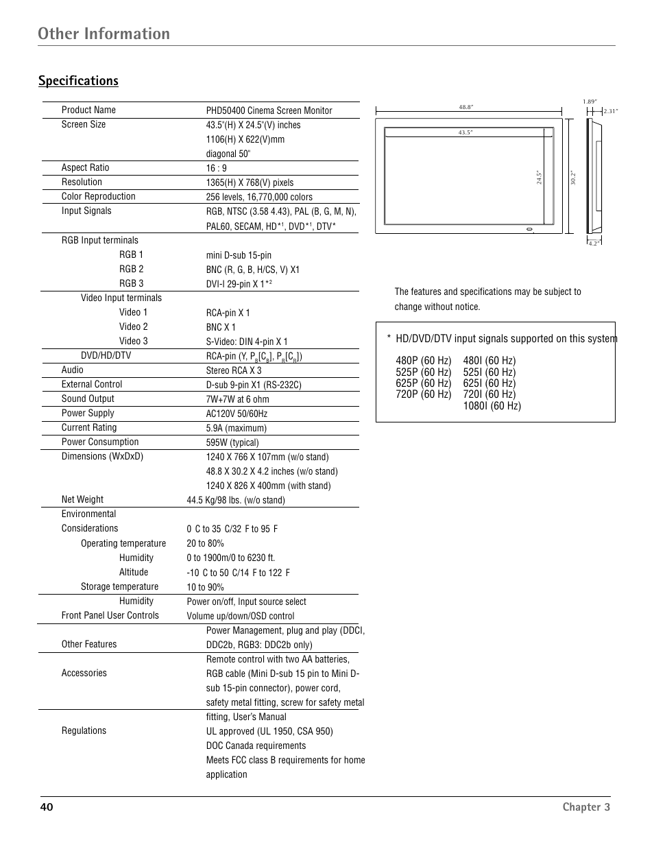 Other information, Specifications | RCA Scenium PHD50400 User Manual | Page 41 / 48