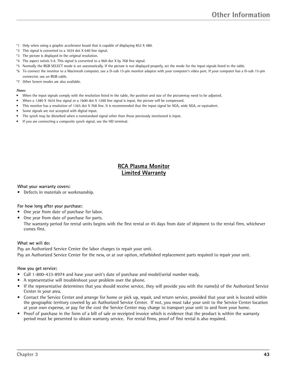 Other information, Rca plasma monitor limited warranty | RCA Scenium PHD50400 User Manual | Page 44 / 48