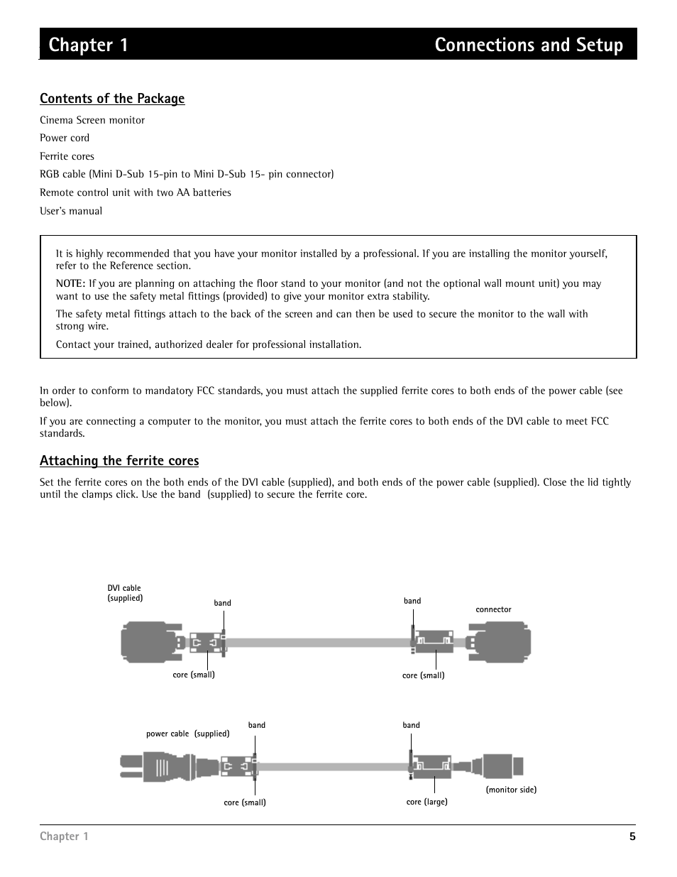 Chapter 1 connections and setup, Connections and setup, Contents of the package | Attaching the ferrite cores | RCA Scenium PHD50400 User Manual | Page 6 / 48