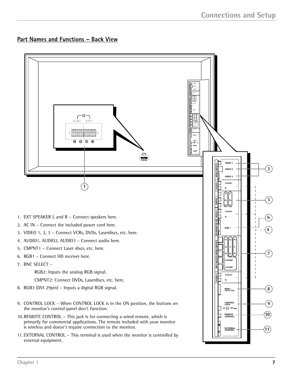 Connections and setup, Part names and functions – back view, Chapter 1 7 | RCA Scenium PHD50400 User Manual | Page 8 / 48