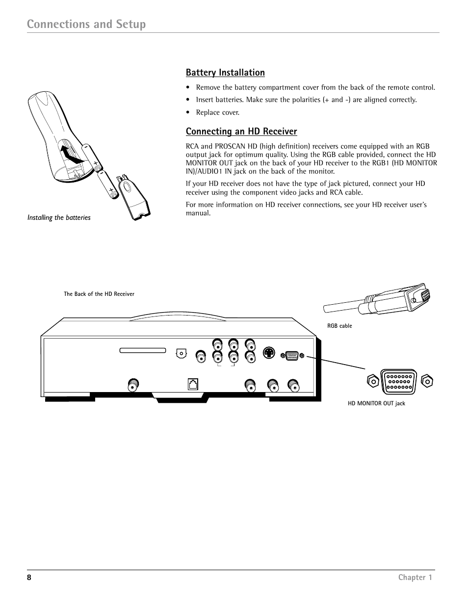 Connections and setup, Battery installation, Connecting an hd receiver | 8chapter 1, Installing the batteries | RCA Scenium PHD50400 User Manual | Page 9 / 48