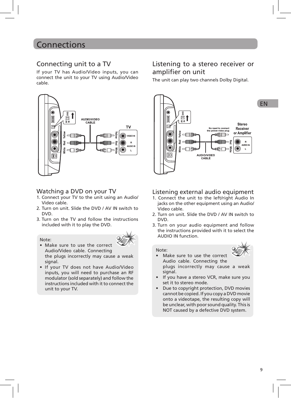 Connections, Connecting unit to a tv, En watching a dvd on your tv | Listening external audio equipment | RCA DRC6272 User Manual | Page 10 / 23