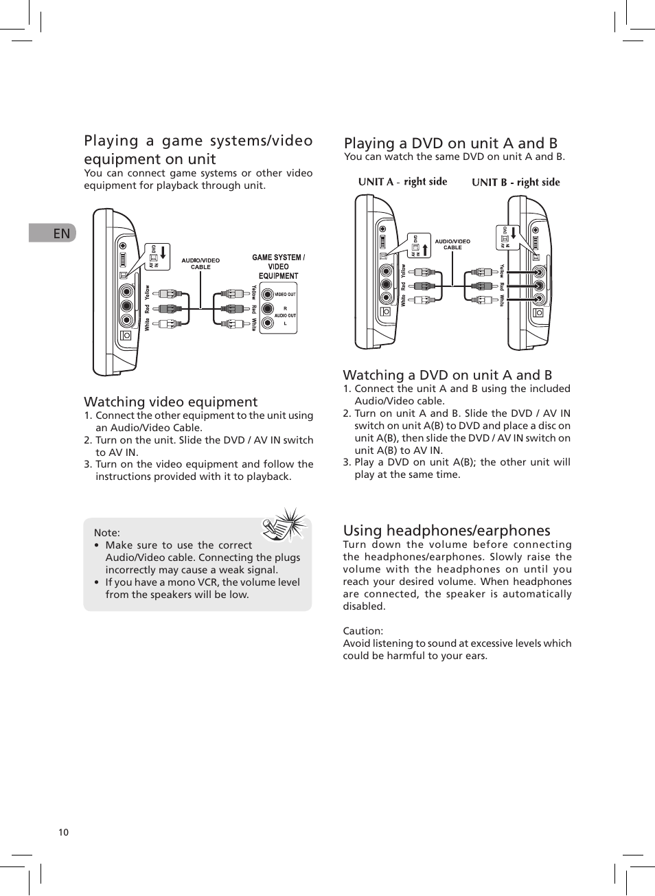 Playing a game systems/video equipment on unit, Playing a dvd on unit a and b, Using headphones/earphones | En watching video equipment, Watching a dvd on unit a and b | RCA DRC6272 User Manual | Page 11 / 23