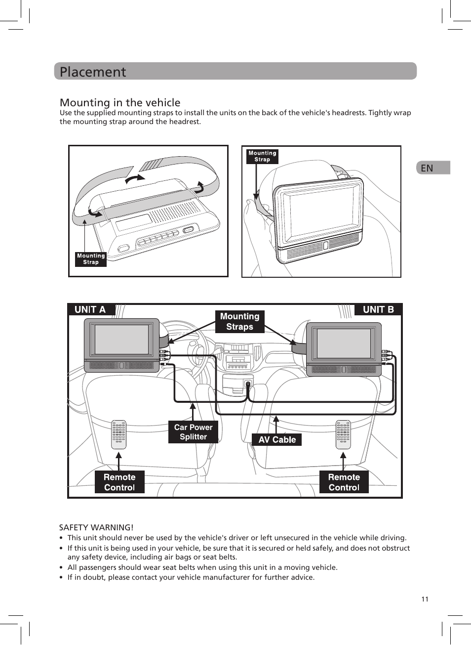 Placement, Mounting in the vehicle | RCA DRC6272 User Manual | Page 12 / 23