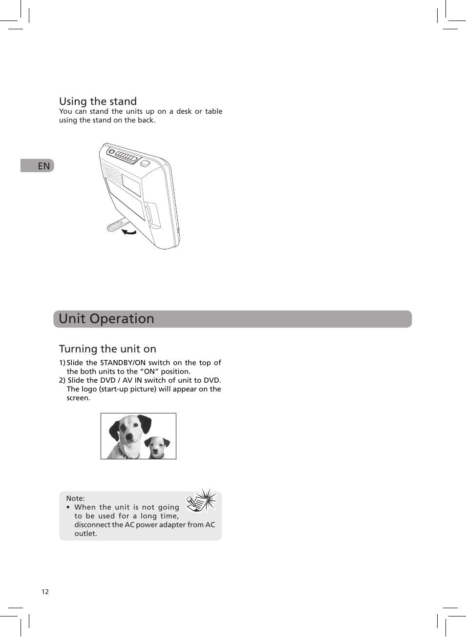 Unit operation, Turning the unit on, Using the stand | RCA DRC6272 User Manual | Page 13 / 23