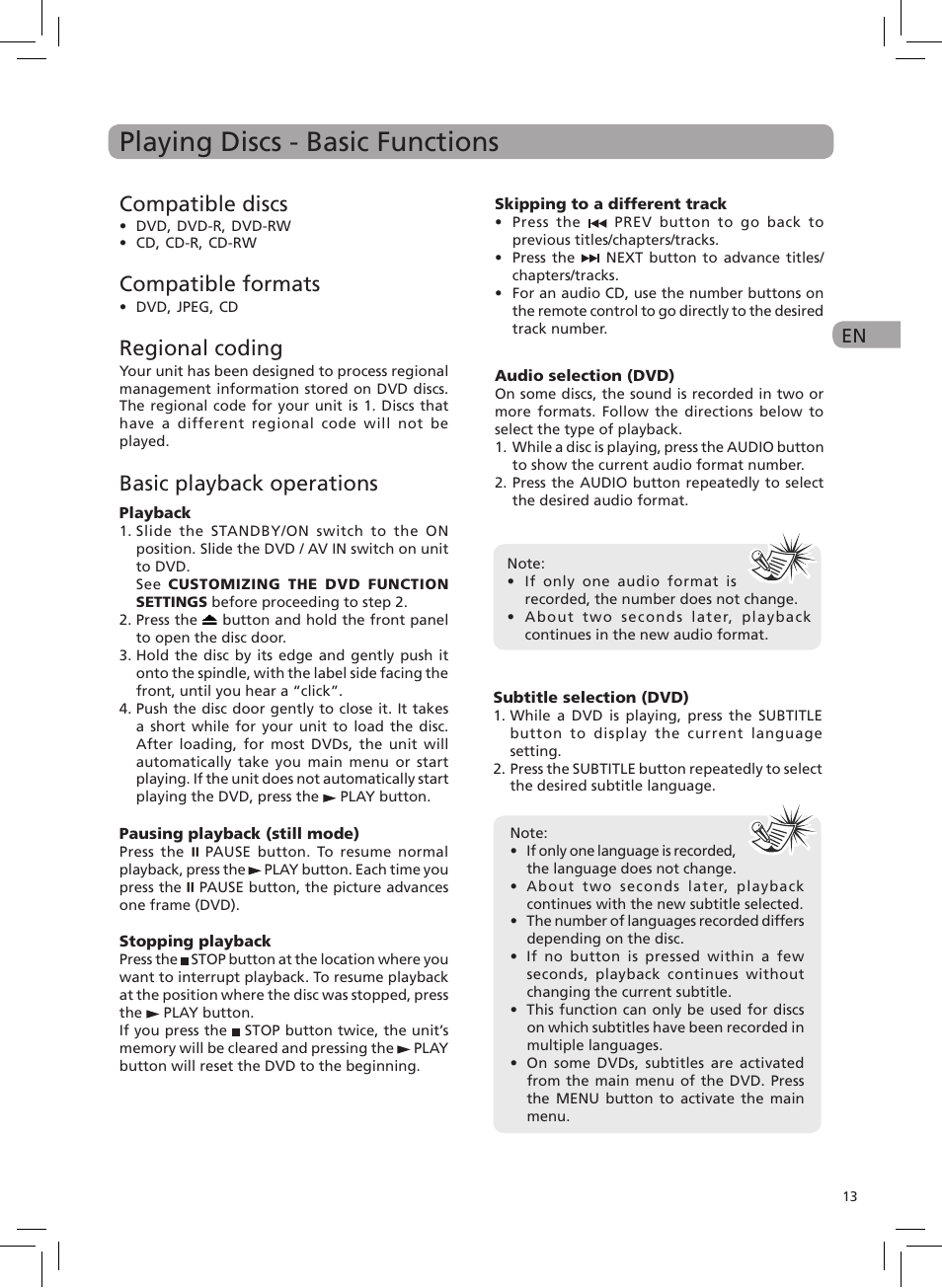 Playing discs - basic functions, Compatible discs, Compatible formats | Regional coding, Basic playback operations | RCA DRC6272 User Manual | Page 14 / 23