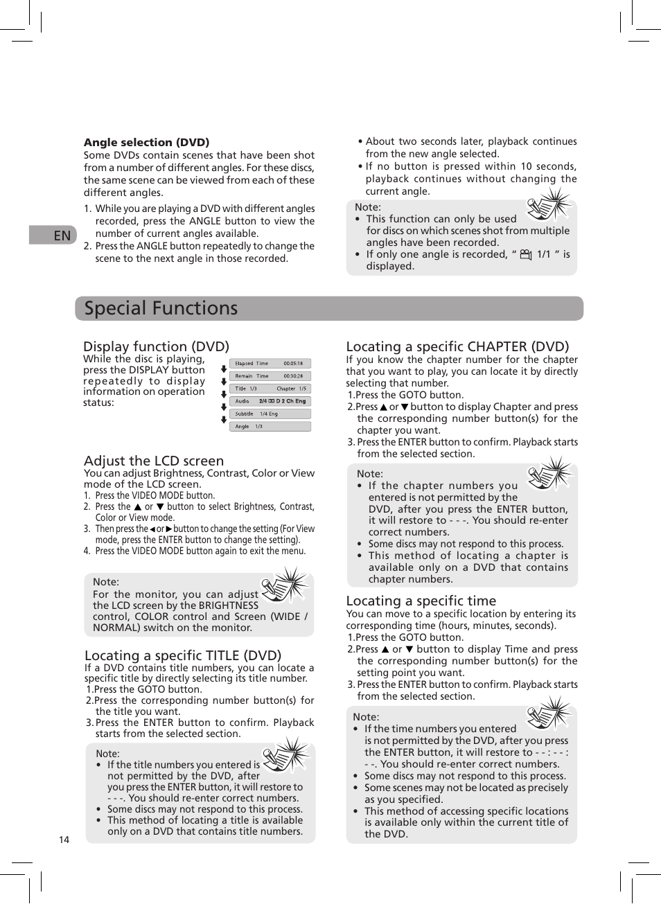 Special functions, Display function (dvd), Adjust the lcd screen | Locating a specific title (dvd), Locating a specific chapter (dvd), Locating a specific time | RCA DRC6272 User Manual | Page 15 / 23