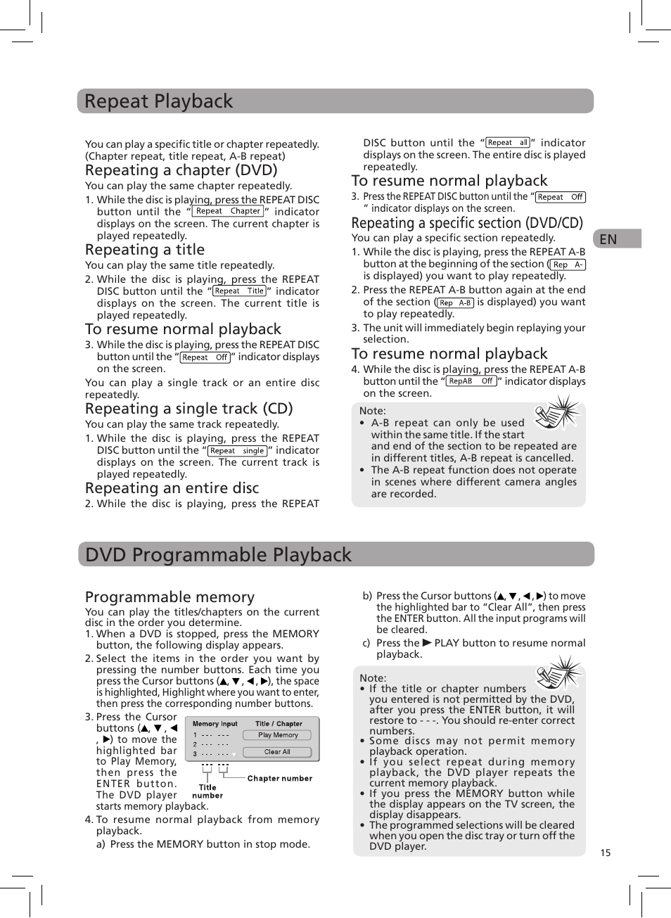 Repeat playback, Dvd programmable playback, Repeating a chapter (dvd) | Repeating a title, Repeating a single track (cd), Repeating an entire disc | RCA DRC6272 User Manual | Page 16 / 23