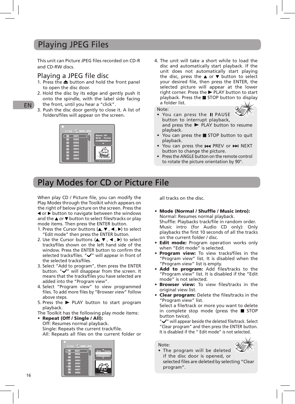 Play modes for cd or picture file, Playing jpeg files, Playing a jpeg file disc | RCA DRC6272 User Manual | Page 17 / 23
