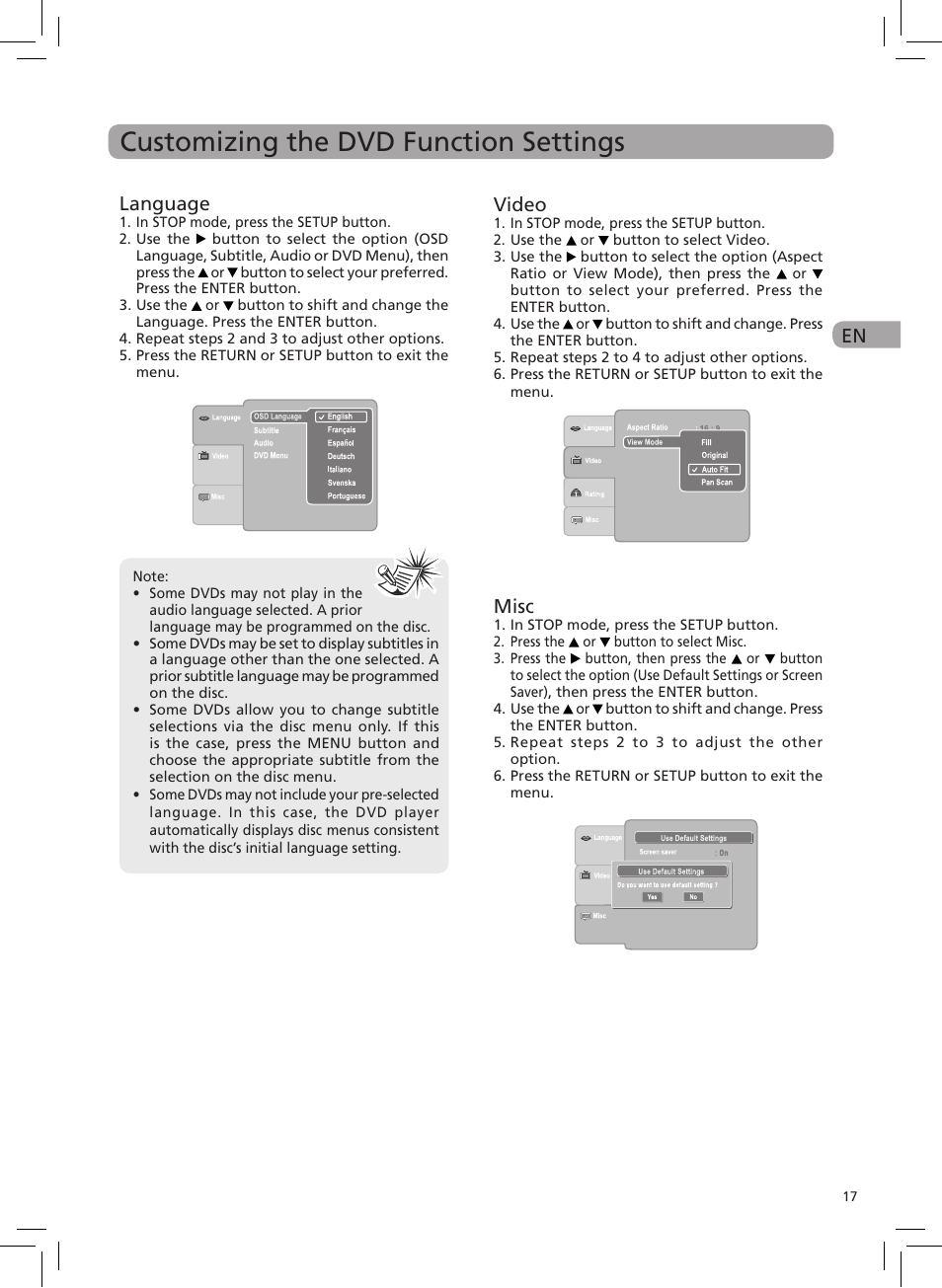 Customizing the dvd function settings, En language, Video | Misc | RCA DRC6272 User Manual | Page 18 / 23