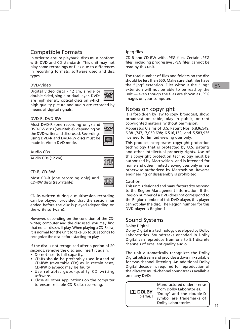 Compatible formats, Sound systems | RCA DRC6272 User Manual | Page 20 / 23