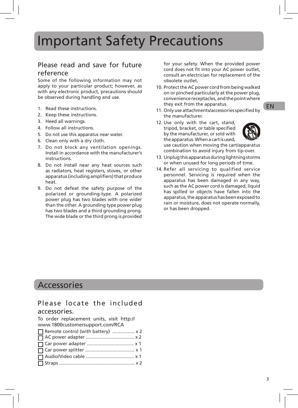 Important safety precautions, Accessories, Please read and save for future reference | Please locate the included accessories | RCA DRC6272 User Manual | Page 4 / 23