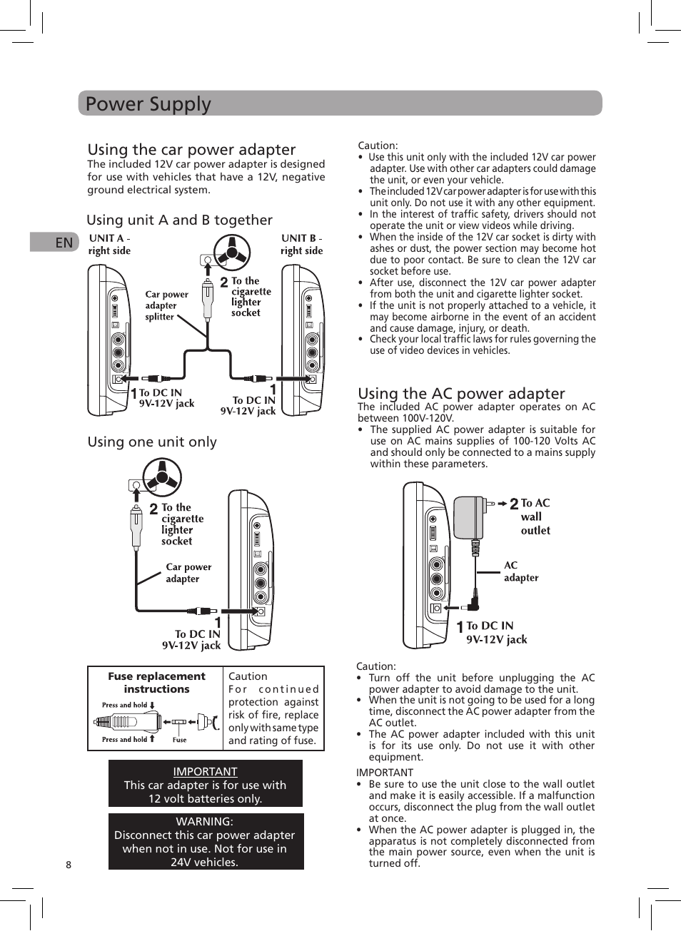 Power supply, Using the ac power adapter, Using the car power adapter | Using one unit only, Using unit a and b together | RCA DRC6272 User Manual | Page 9 / 23