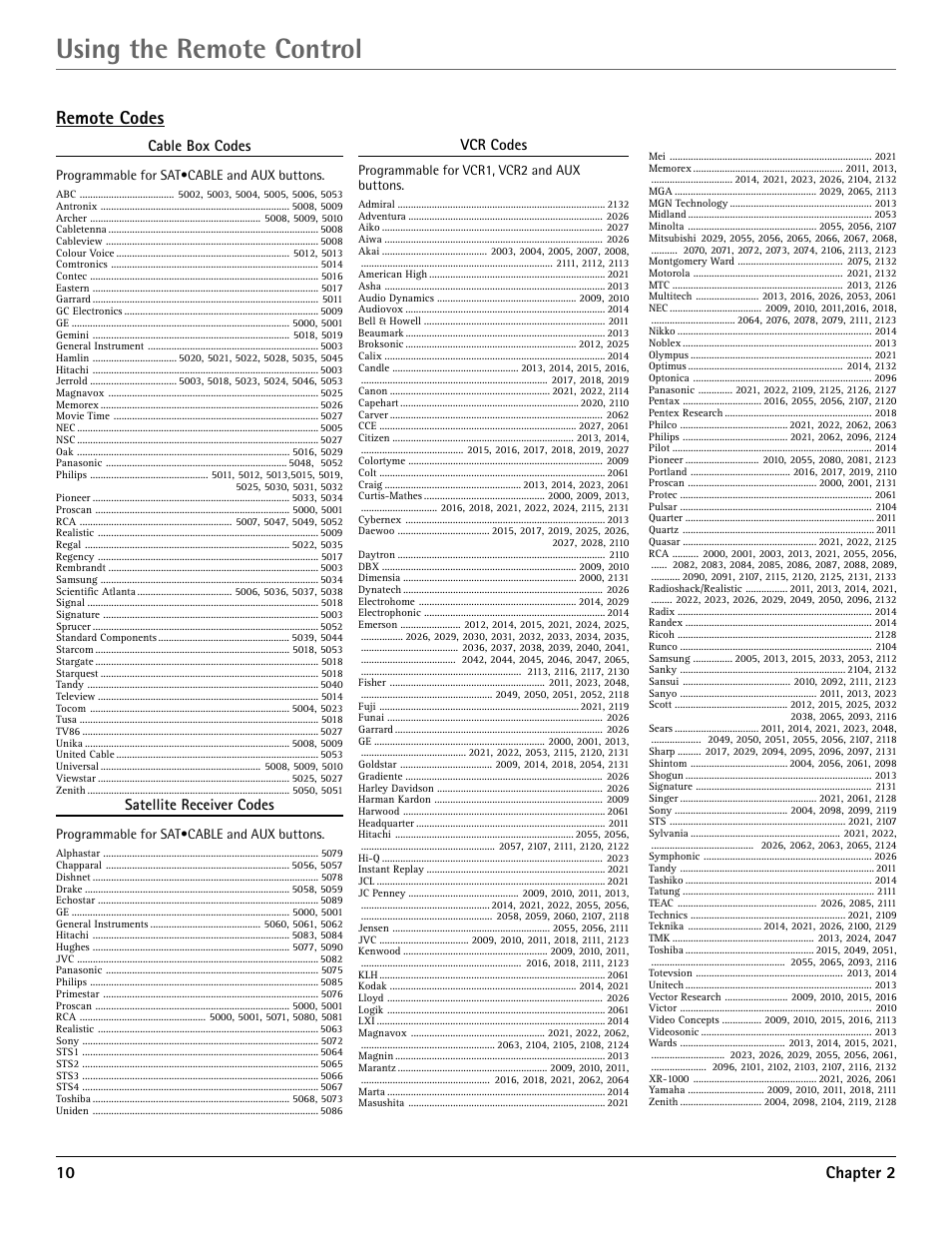 Using the remote control, Remote codes, 10 chapter 2 | Cable box codes, Satellite receiver codes, Vcr codes | RCA G36710 User Manual | Page 12 / 32