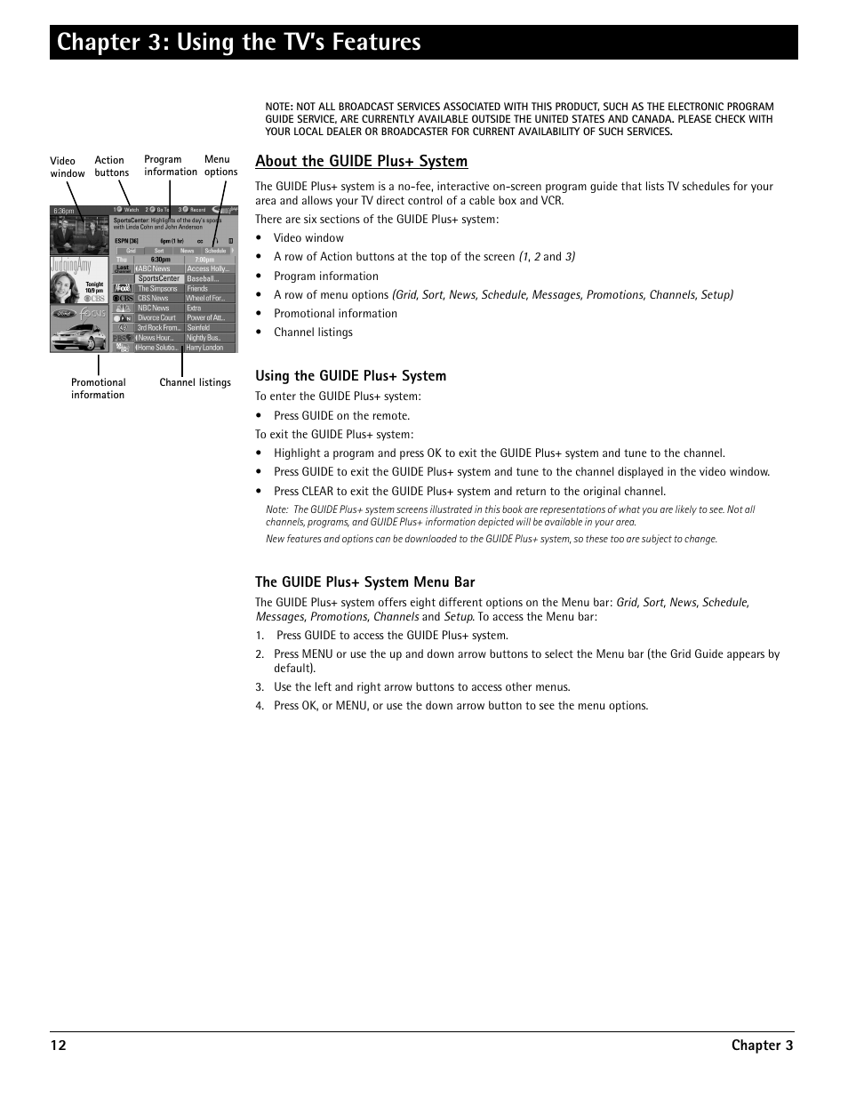 Chapter 3: using the tv’s features, About the guide plus+ system | RCA G36710 User Manual | Page 14 / 32