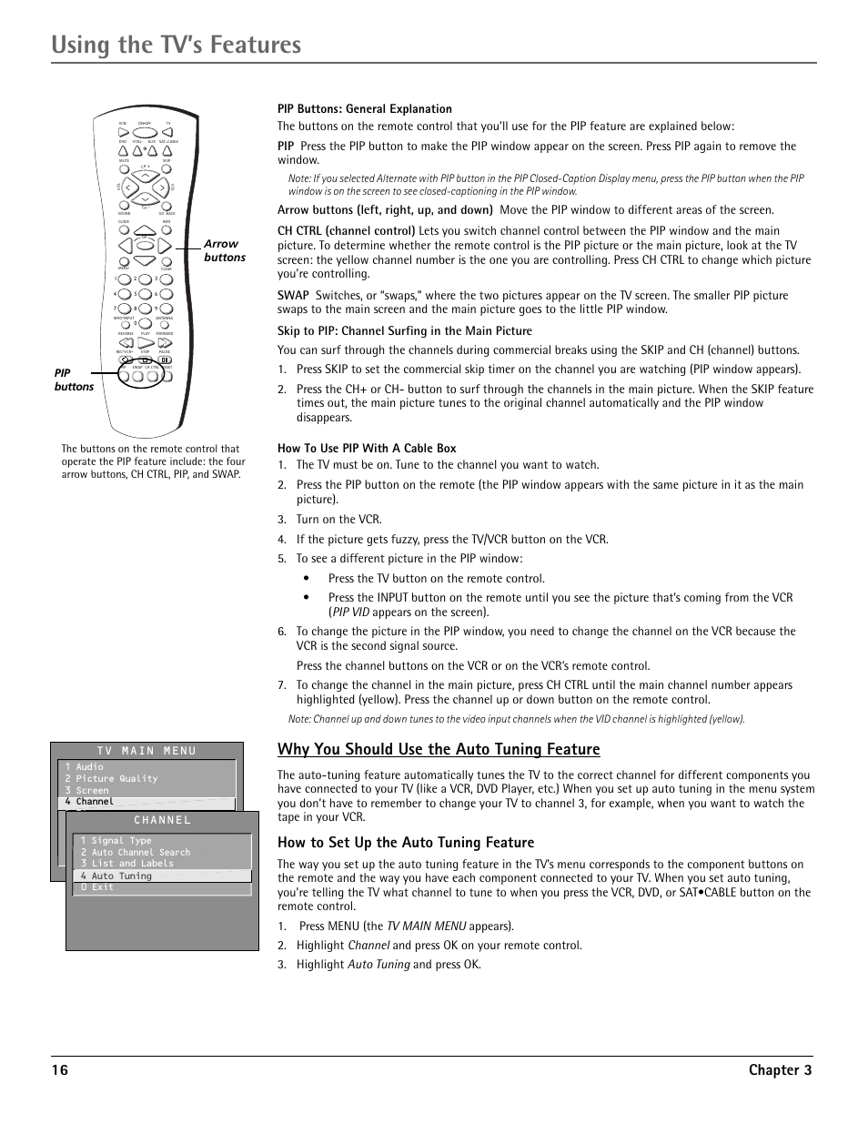 Using the tv’s features, Why you should use the auto tuning feature, 16 chapter 3 | How to set up the auto tuning feature | RCA G36710 User Manual | Page 18 / 32