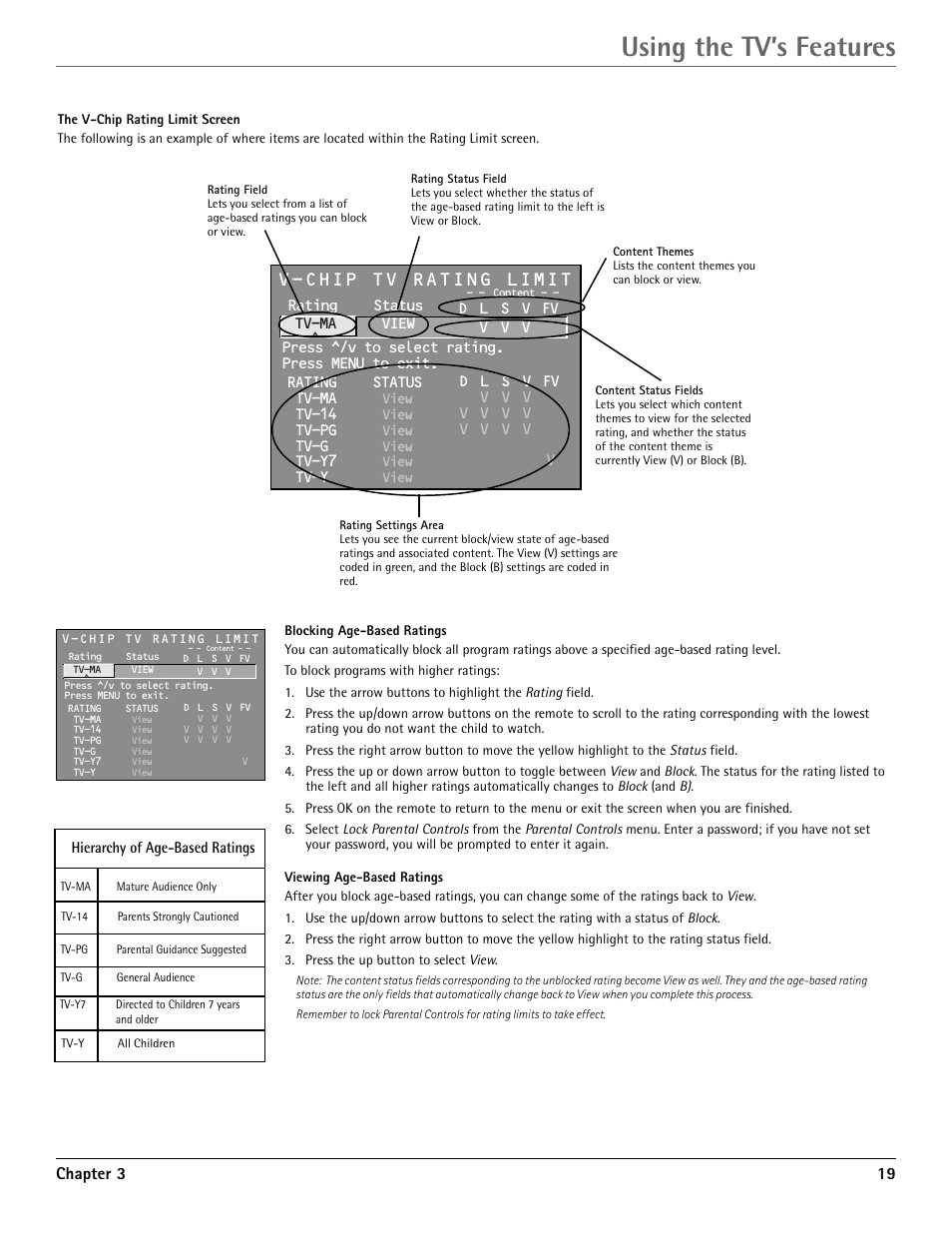 Using the tv’s features, V-chip tv rating limit, Chapter 3 19 | RCA G36710 User Manual | Page 21 / 32