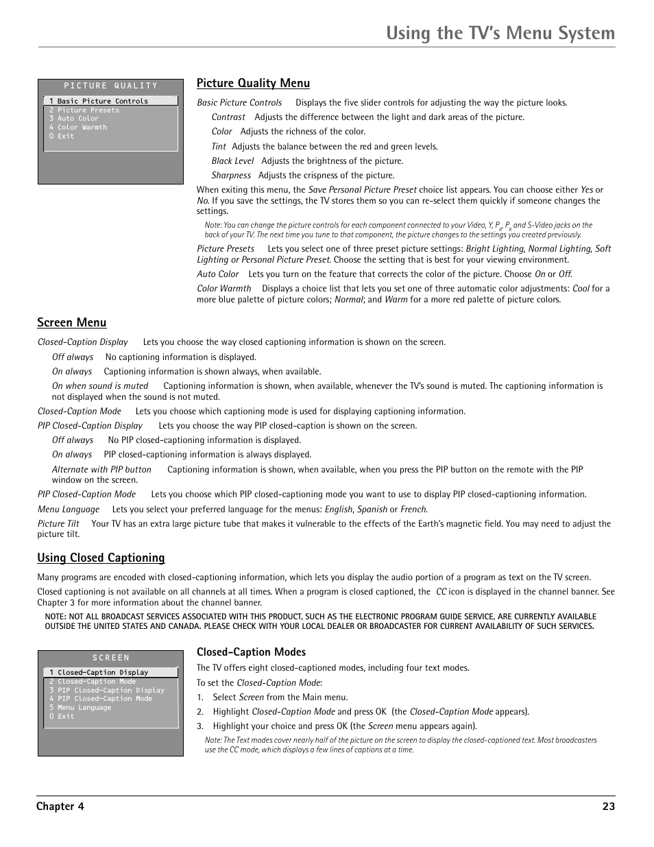 Using the tv’s menu system, Picture quality menu, Screen menu | Using closed captioning | RCA G36710 User Manual | Page 25 / 32