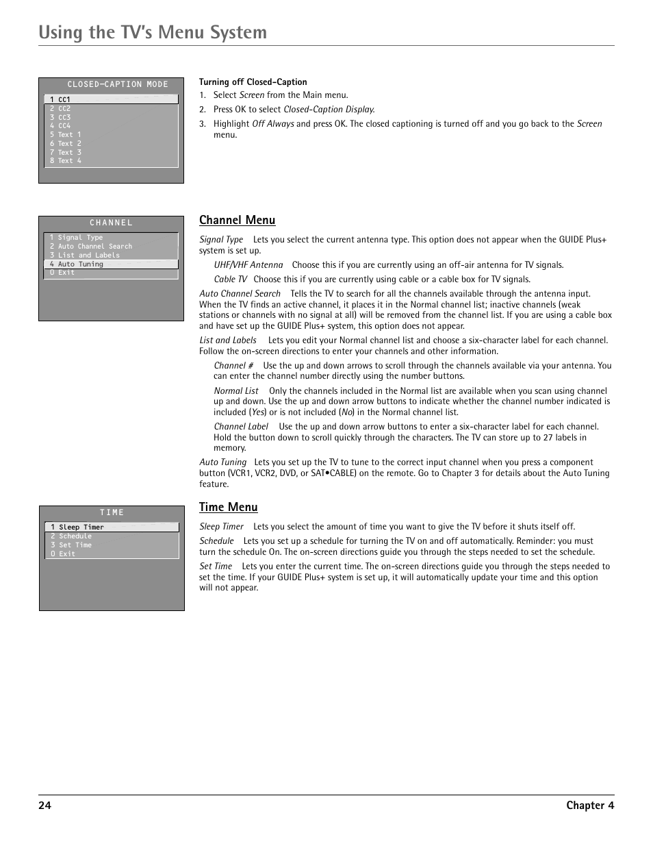 Using the tv’s menu system, Channel menu, Time menu | RCA G36710 User Manual | Page 26 / 32