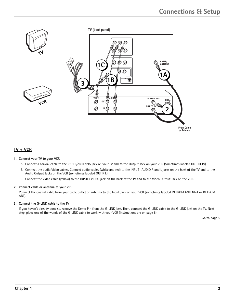 Connections & setup, Tv tv + vcr, Chapter 1 3 | RCA G36710 User Manual | Page 5 / 32