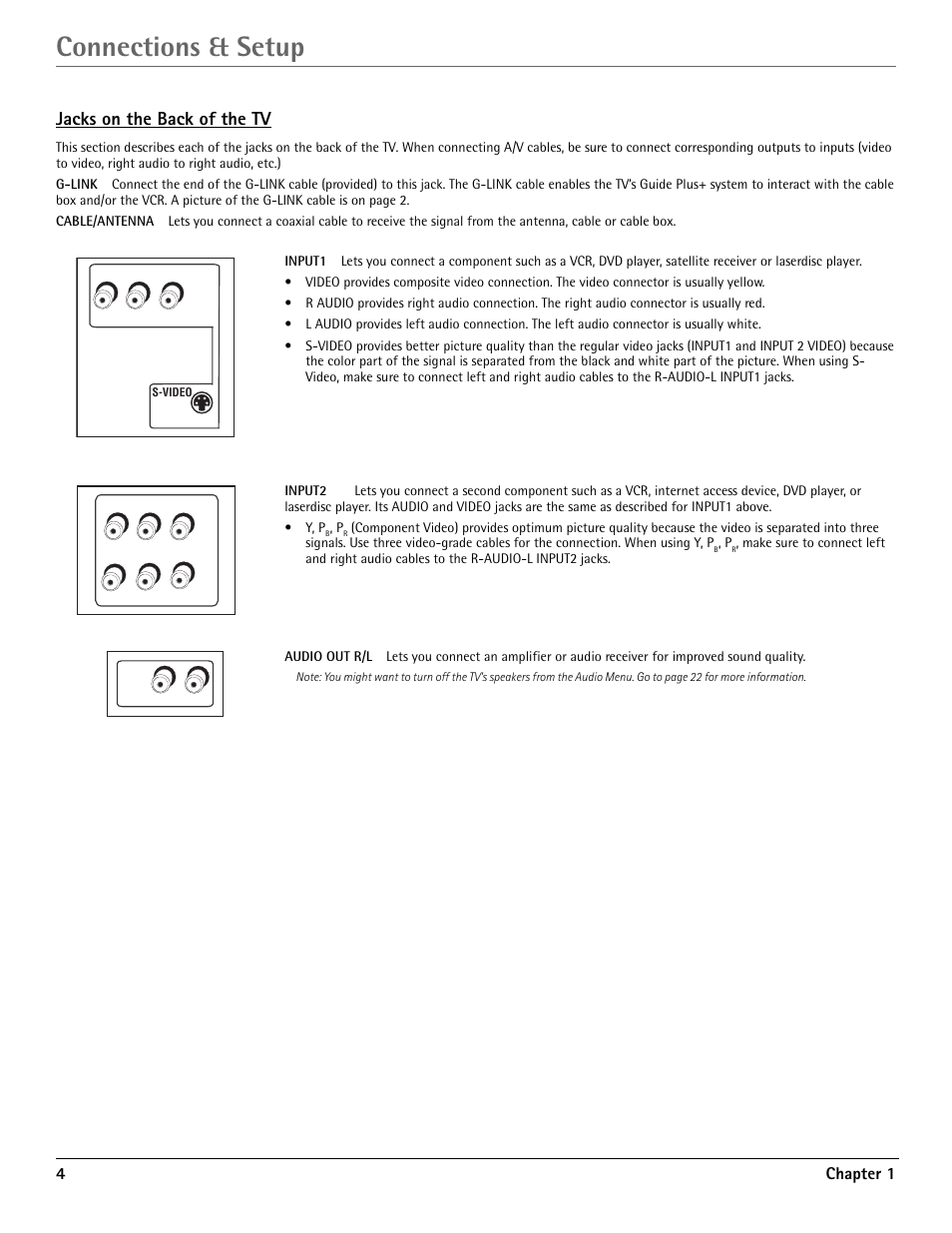 Connections & setup, Jacks on the back of the tv, 4chapter 1 | RCA G36710 User Manual | Page 6 / 32