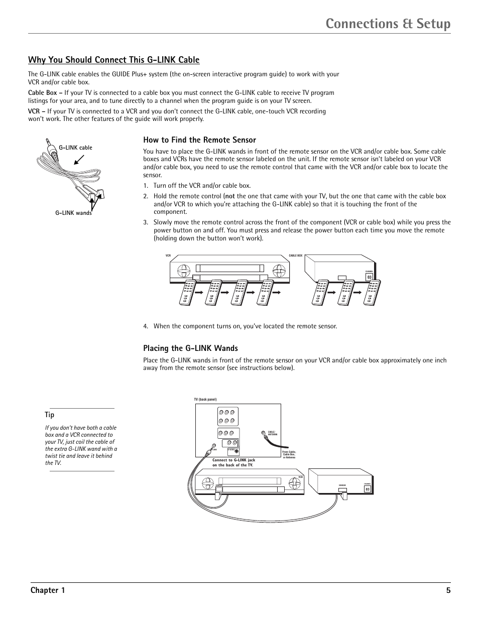 Connections & setup, Why you should connect this g-link cable, Chapter 1 5 | How to find the remote sensor, Placing the g-link wands | RCA G36710 User Manual | Page 7 / 32