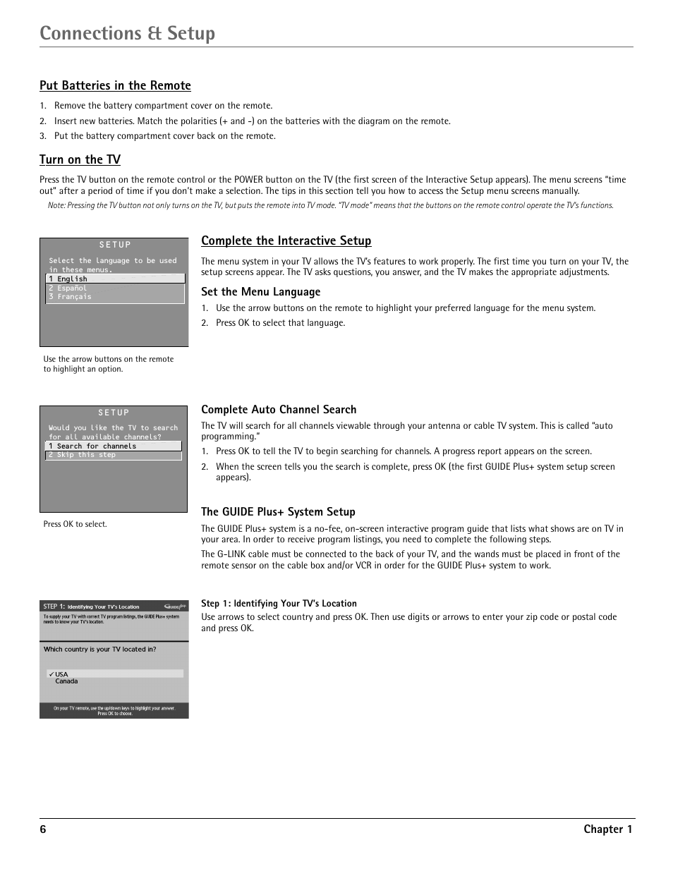 Connections & setup, Complete the interactive setup, Put batteries in the remote | Turn on the tv | RCA G36710 User Manual | Page 8 / 32