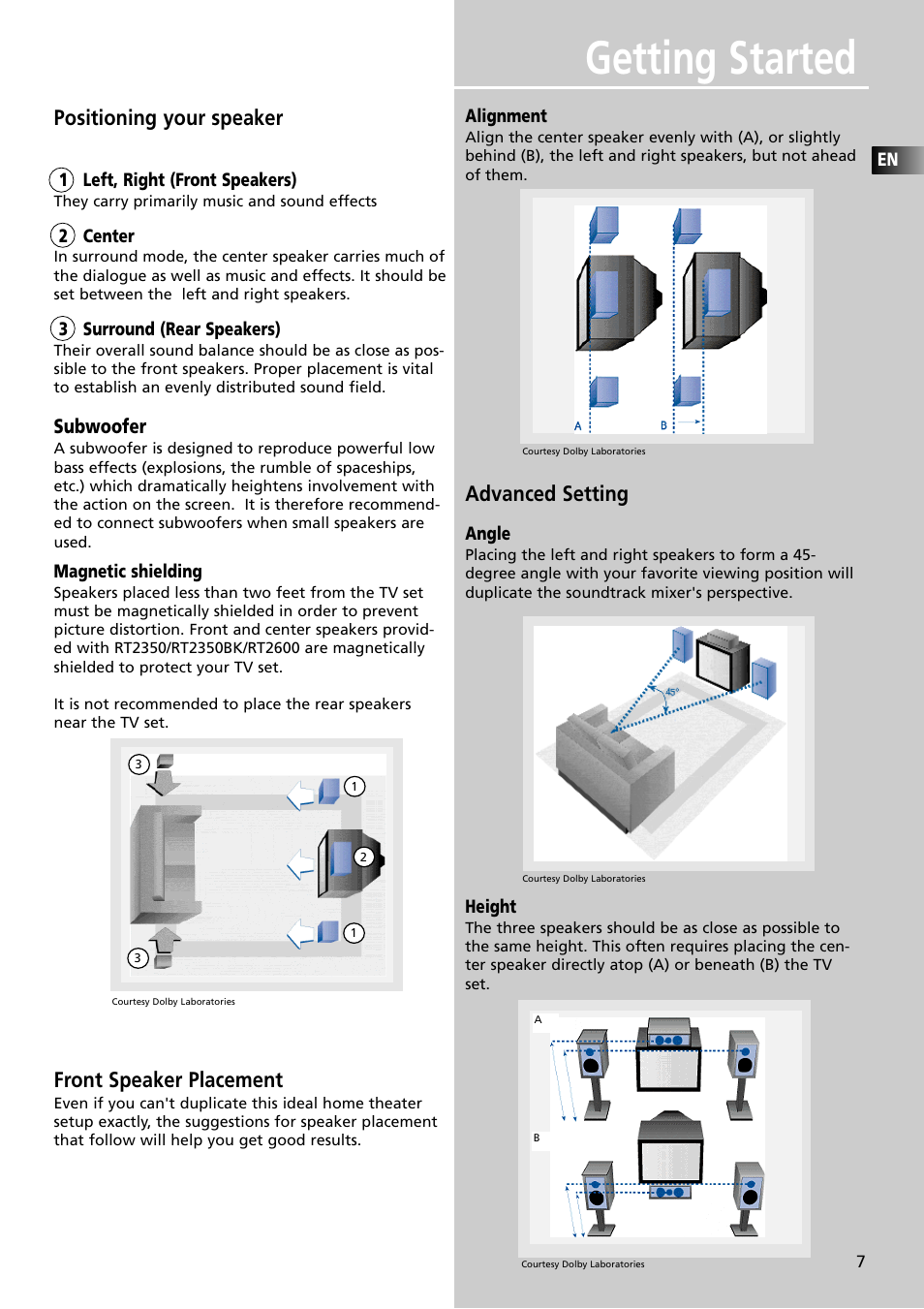 Getting started, Positioning your speaker, Front speaker placement | Advanced setting | RCA RT2350BK User Manual | Page 10 / 31