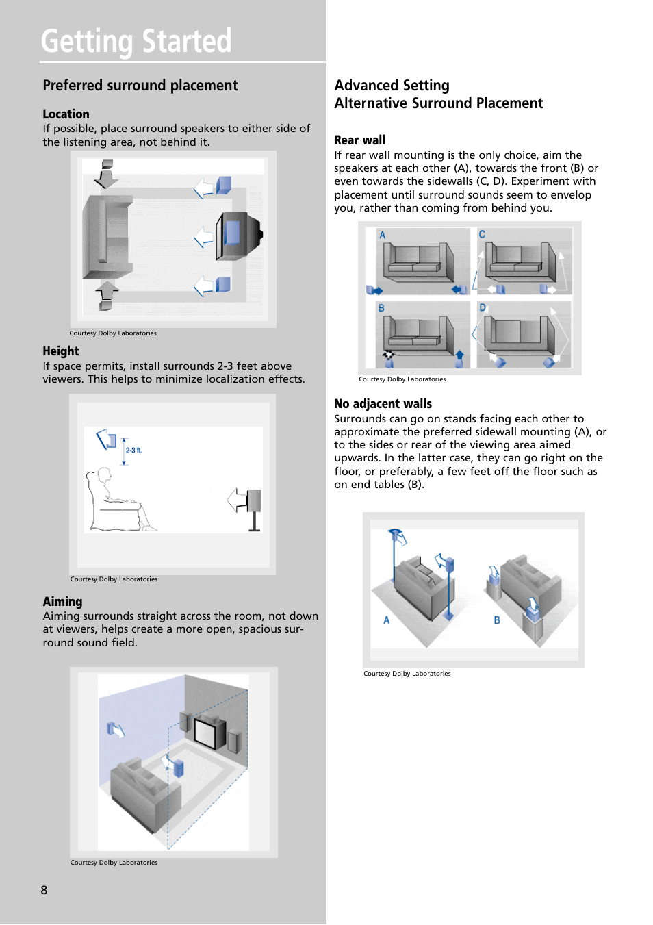 Getting started, Preferred surround placement, Advanced setting alternative surround placement | RCA RT2350BK User Manual | Page 11 / 31