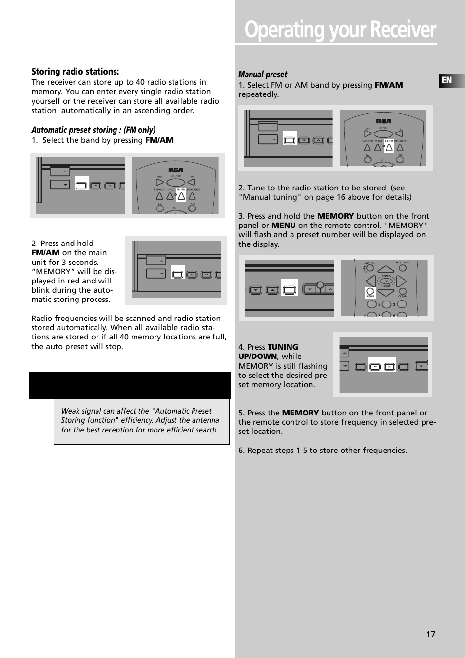 Operating your receiver, Storing radio stations, Automatic preset storing : (fm only) | Manual preset | RCA RT2350BK User Manual | Page 20 / 31
