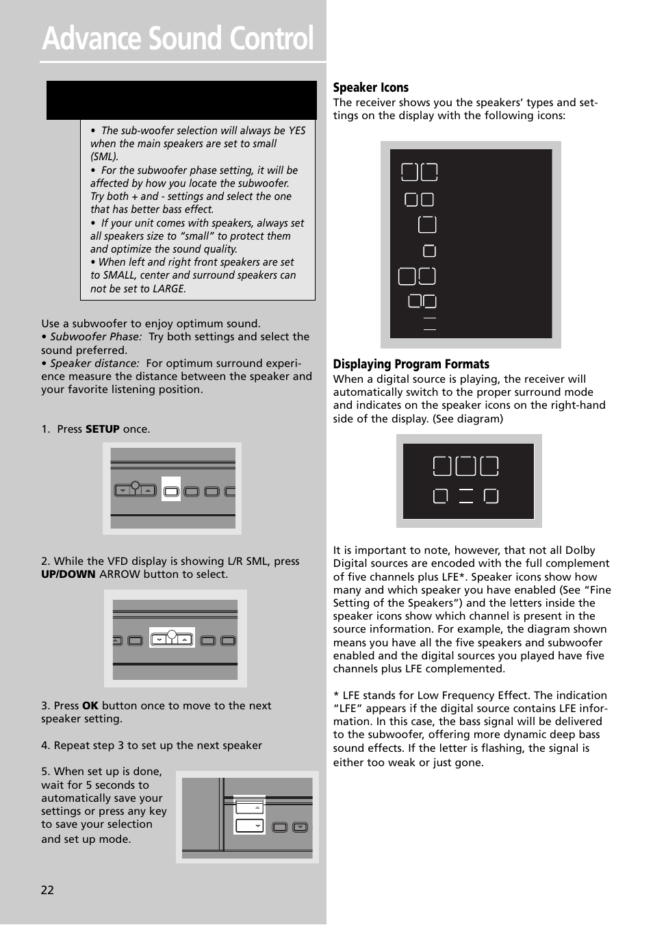 Advance sound control, Speaker icons, Displaying program formats | RCA RT2350BK User Manual | Page 25 / 31