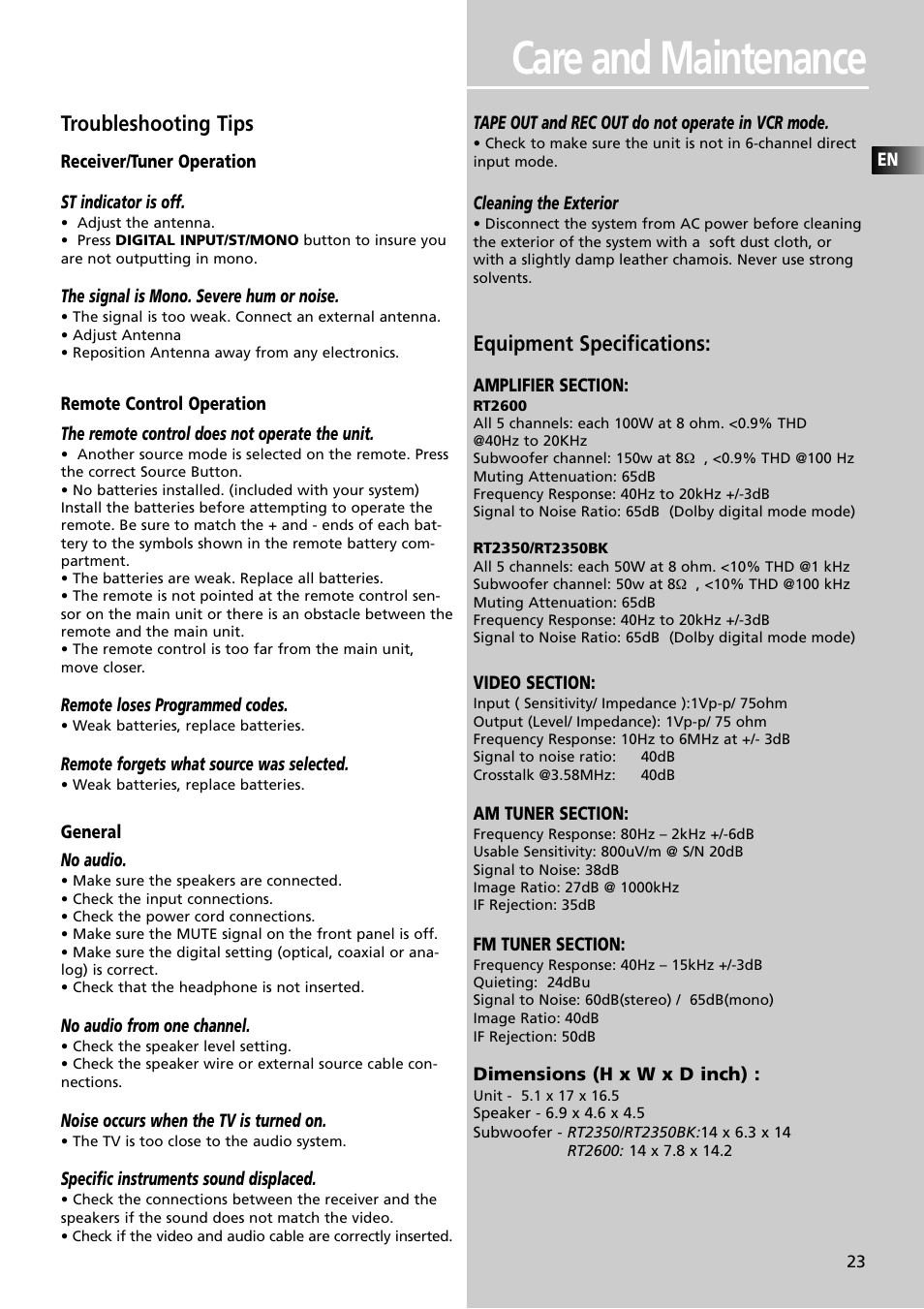 Care and maintenance, Troubleshooting tips, Equipment specifications | RCA RT2350BK User Manual | Page 26 / 31