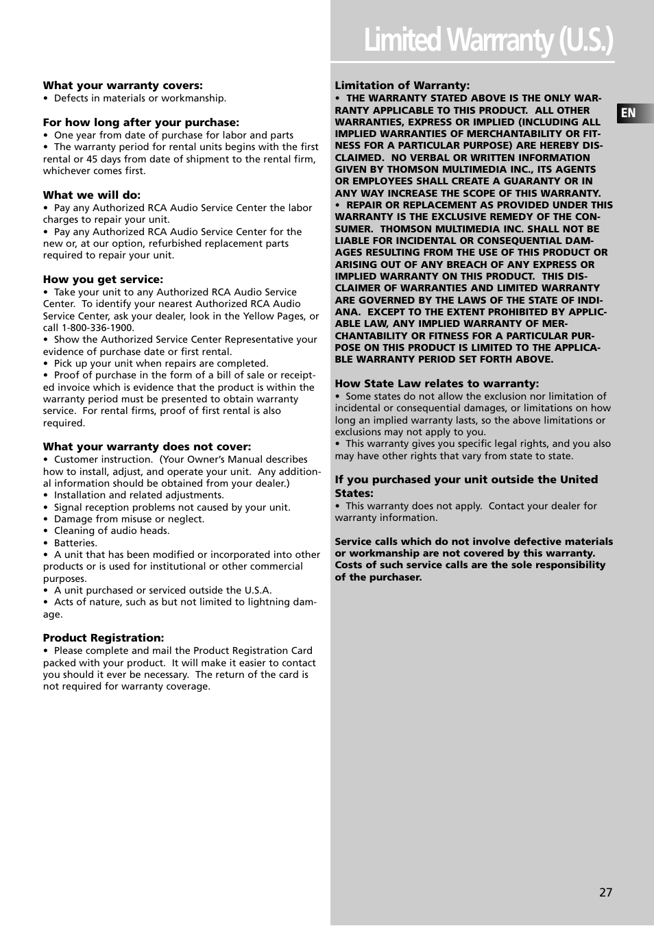 Limited warrranty (u.s.) | RCA RT2350BK User Manual | Page 30 / 31