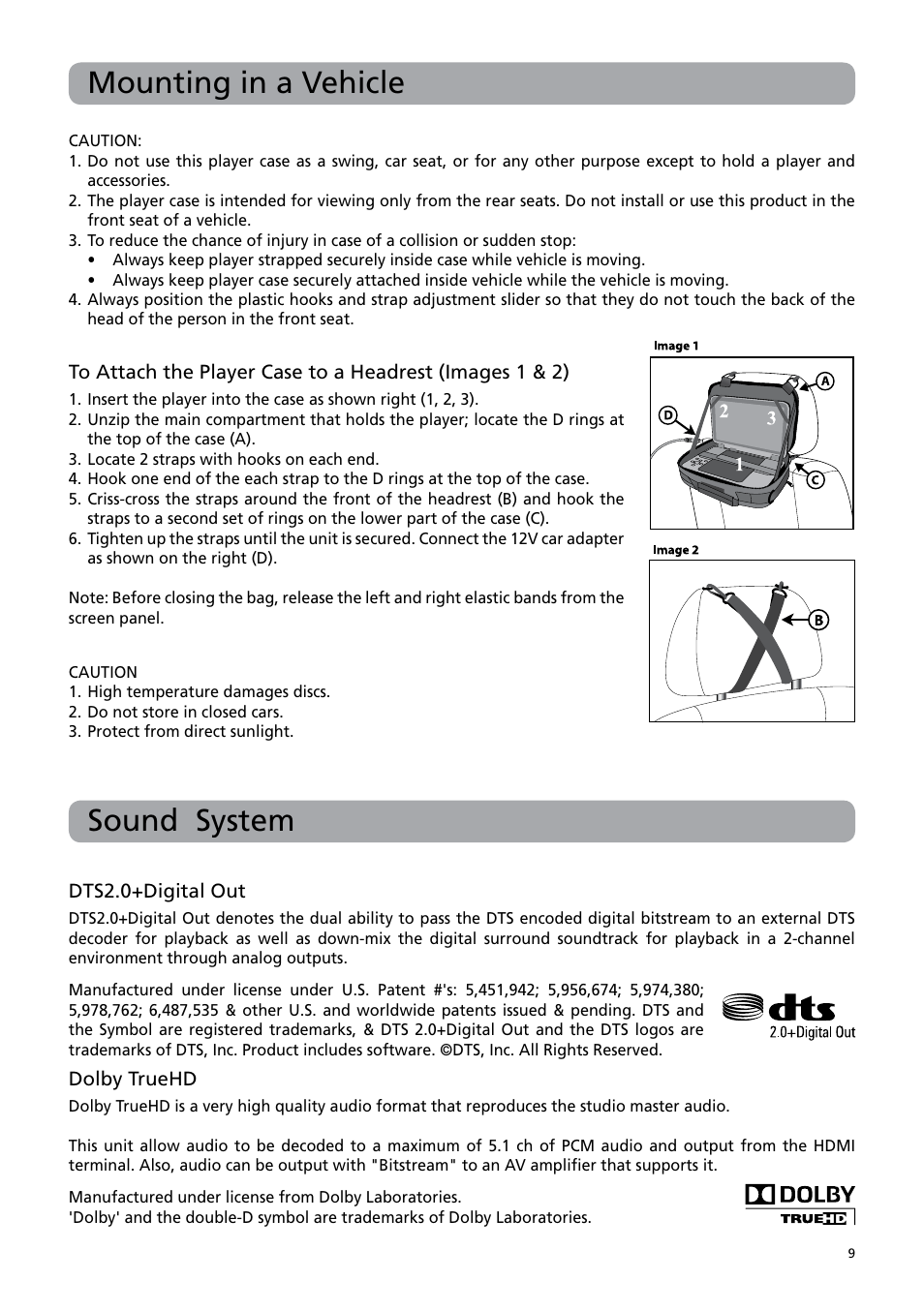 Mounting in a vehicle, Sound system | RCA BRC3108 User Manual | Page 13 / 24