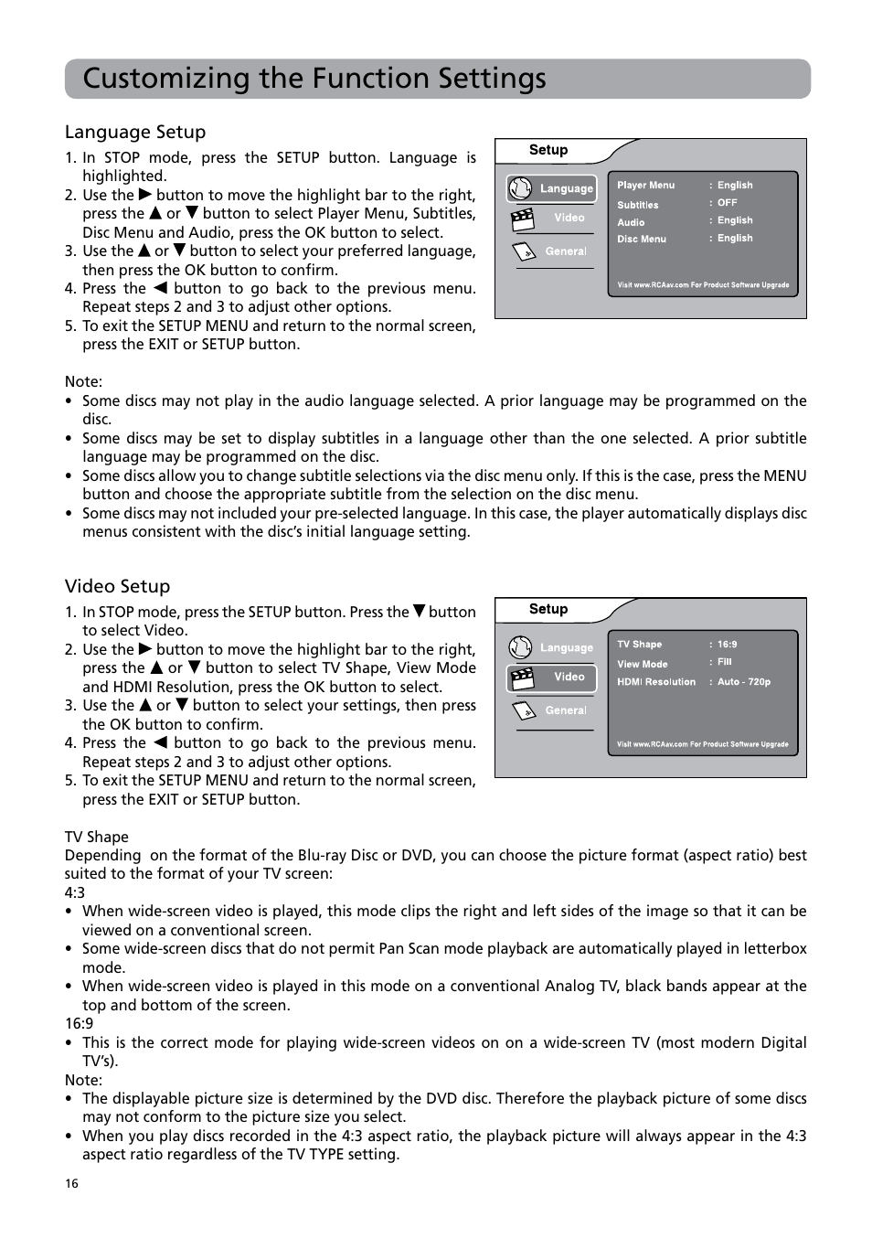 Customizing the function settings | RCA BRC3108 User Manual | Page 20 / 24