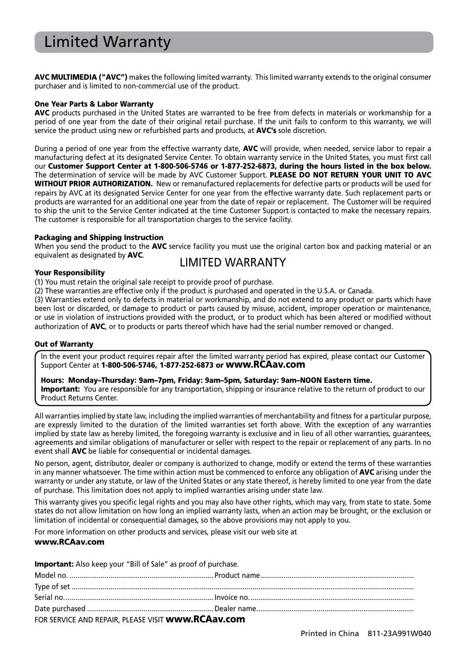 Limited warranty | RCA BRC3108 User Manual | Page 24 / 24