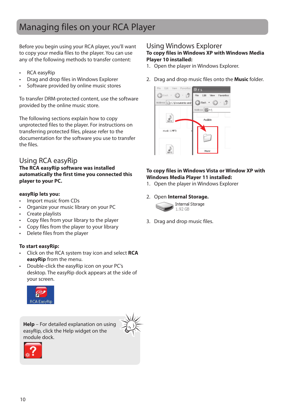 Managing files on your rca player, Using rca easyrip, Using windows explorer | RCA SC2102 User Manual | Page 10 / 29