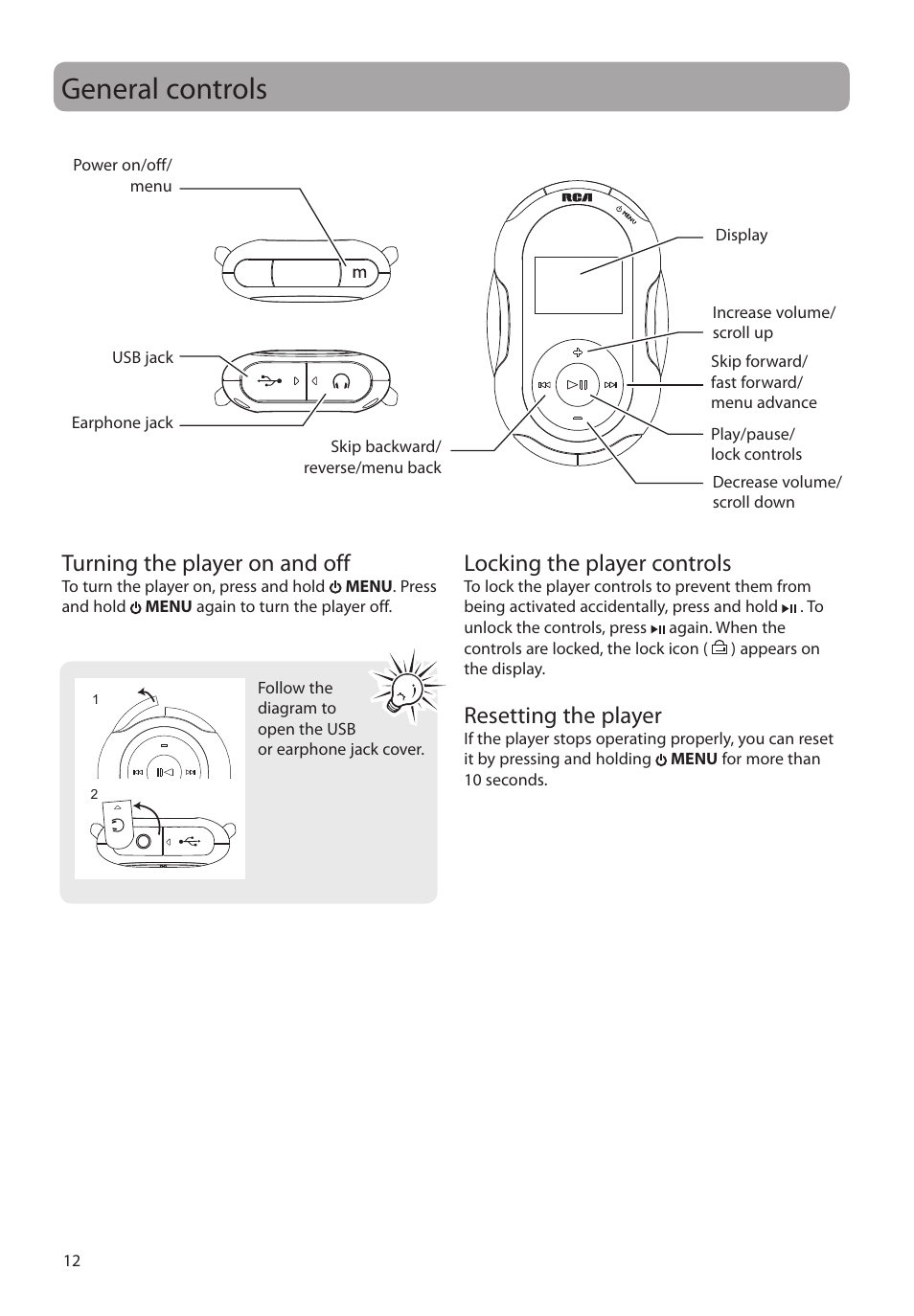 General controls, Turning the player on and off, Locking the player controls | Resetting the player | RCA SC2102 User Manual | Page 12 / 29