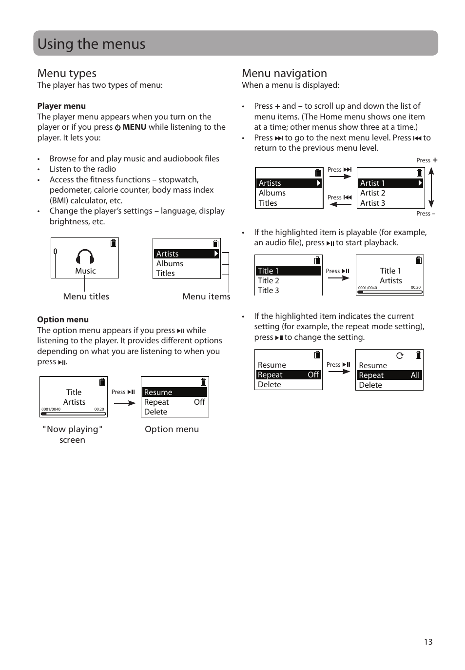 Menu types, Menu navigation, Using the menus | RCA SC2102 User Manual | Page 13 / 29