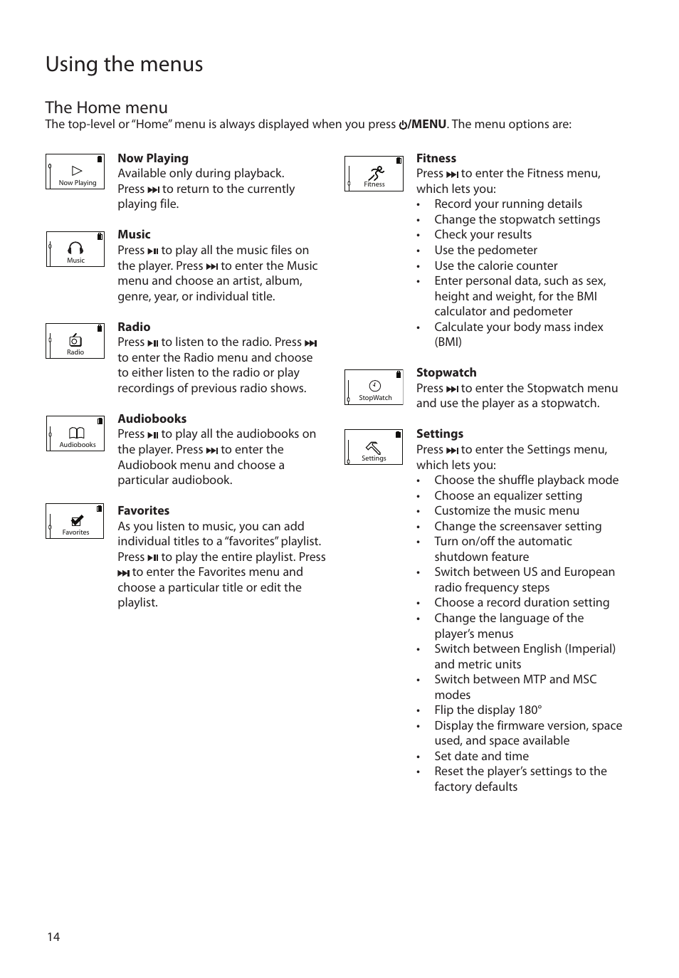 The home menu, Using the menus | RCA SC2102 User Manual | Page 14 / 29