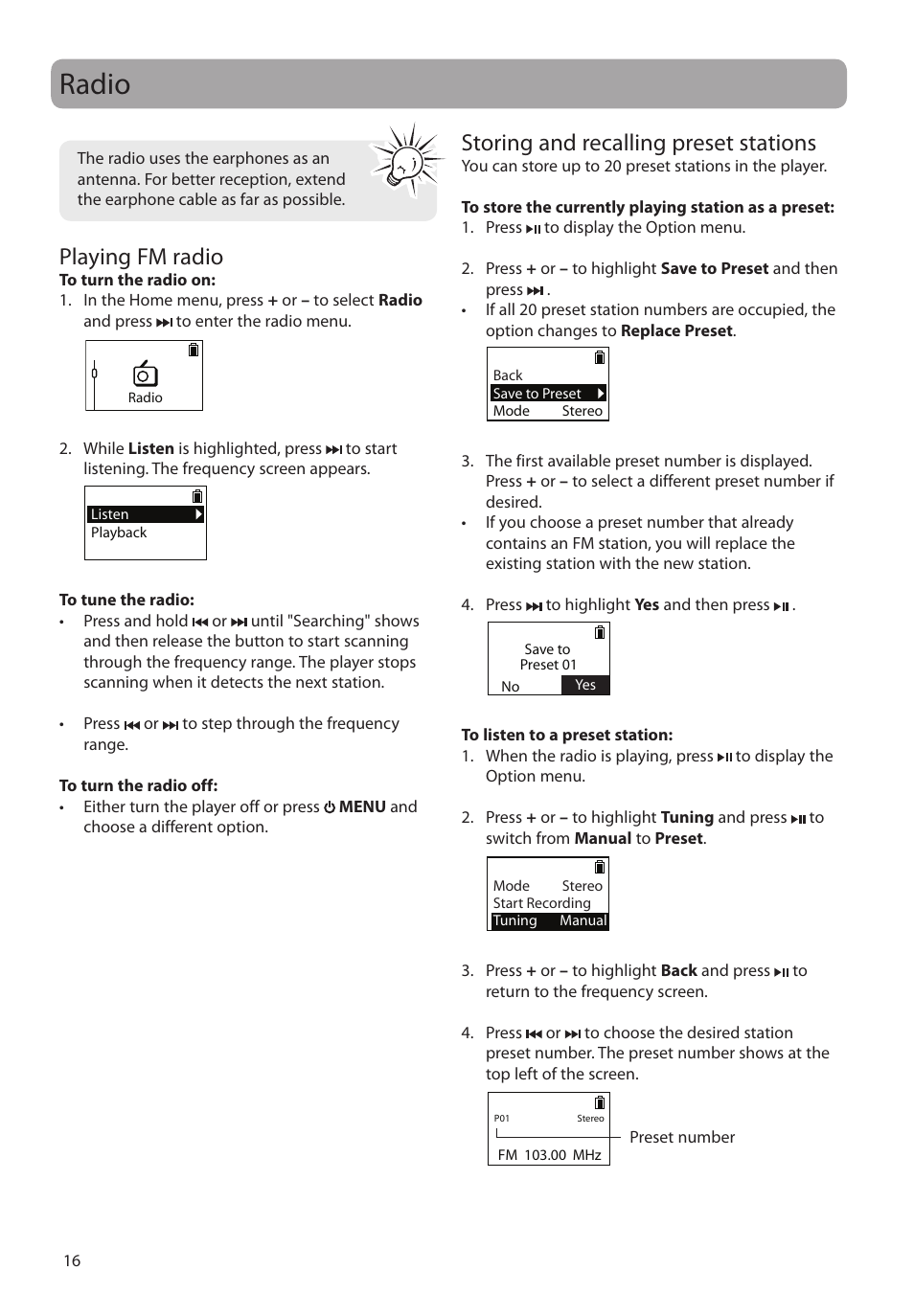 Radio, Playing fm radio, Storing and recalling preset stations | RCA SC2102 User Manual | Page 16 / 29
