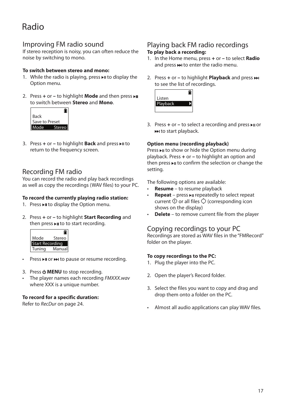 Improving fm radio sound, Recording fm radio, Playing back fm radio recordings | Copying recordings to your pc, Radio | RCA SC2102 User Manual | Page 17 / 29