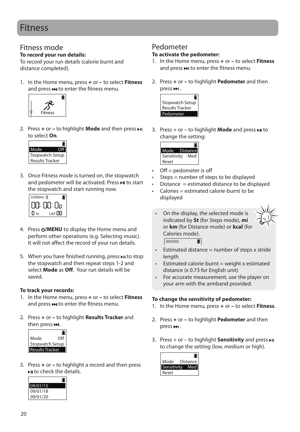 Fitness, Fitness mode, Pedometer | RCA SC2102 User Manual | Page 20 / 29