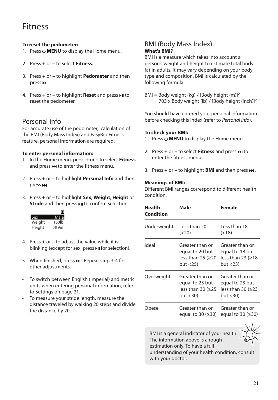Personal info, Bmi (body mass index), Fitness | RCA SC2102 User Manual | Page 21 / 29